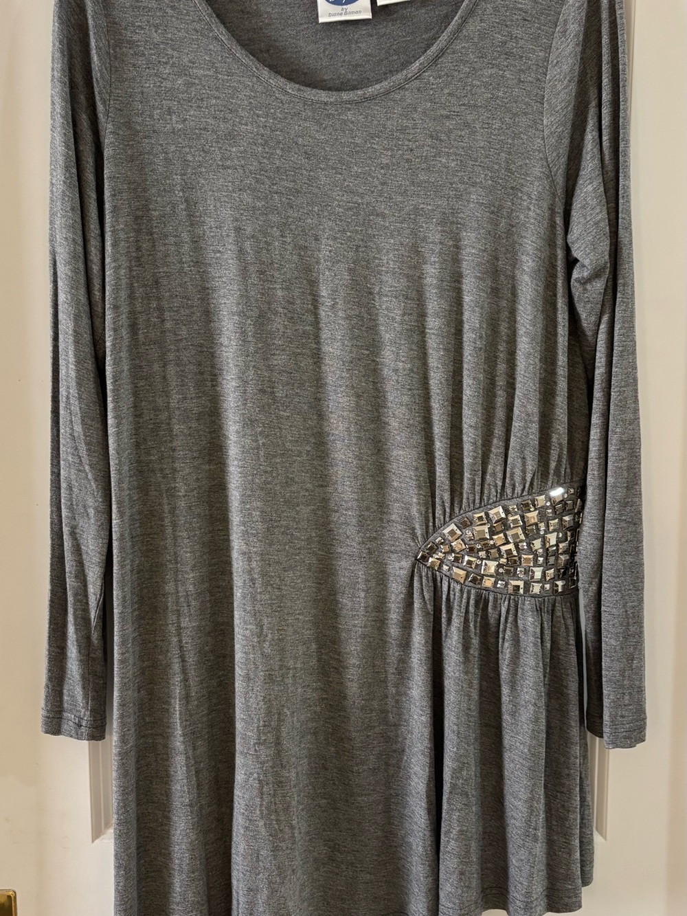 Diane Gilman Gray Long Sleeve Dress with Jeweled Accent